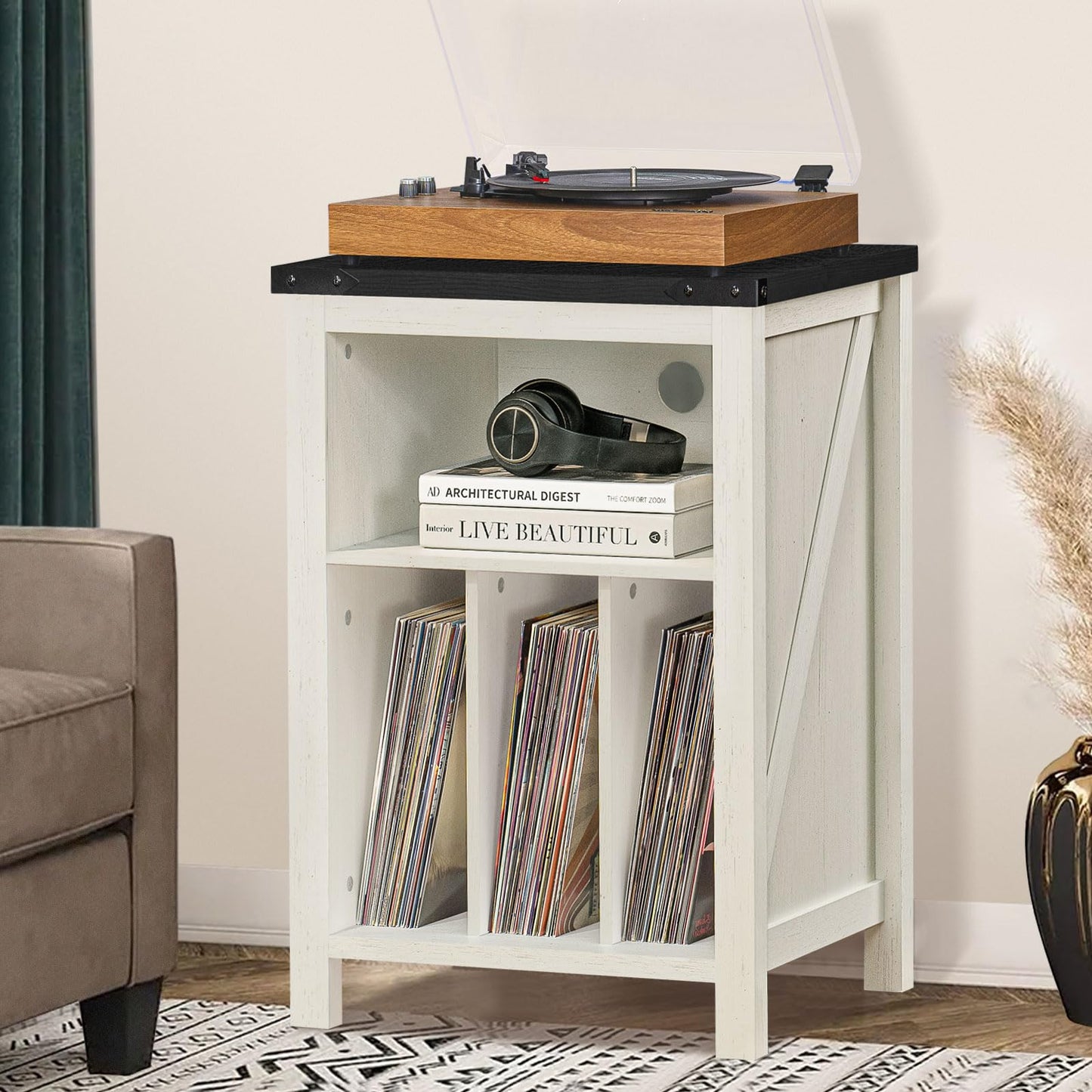 LELELINKY Record Player Stand with Vinyl Record Storage, White