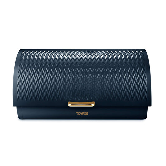 Tower T826090MNB Empire Roll Top Bread Bin, Stainless Steel, Midnight Blue and Brass