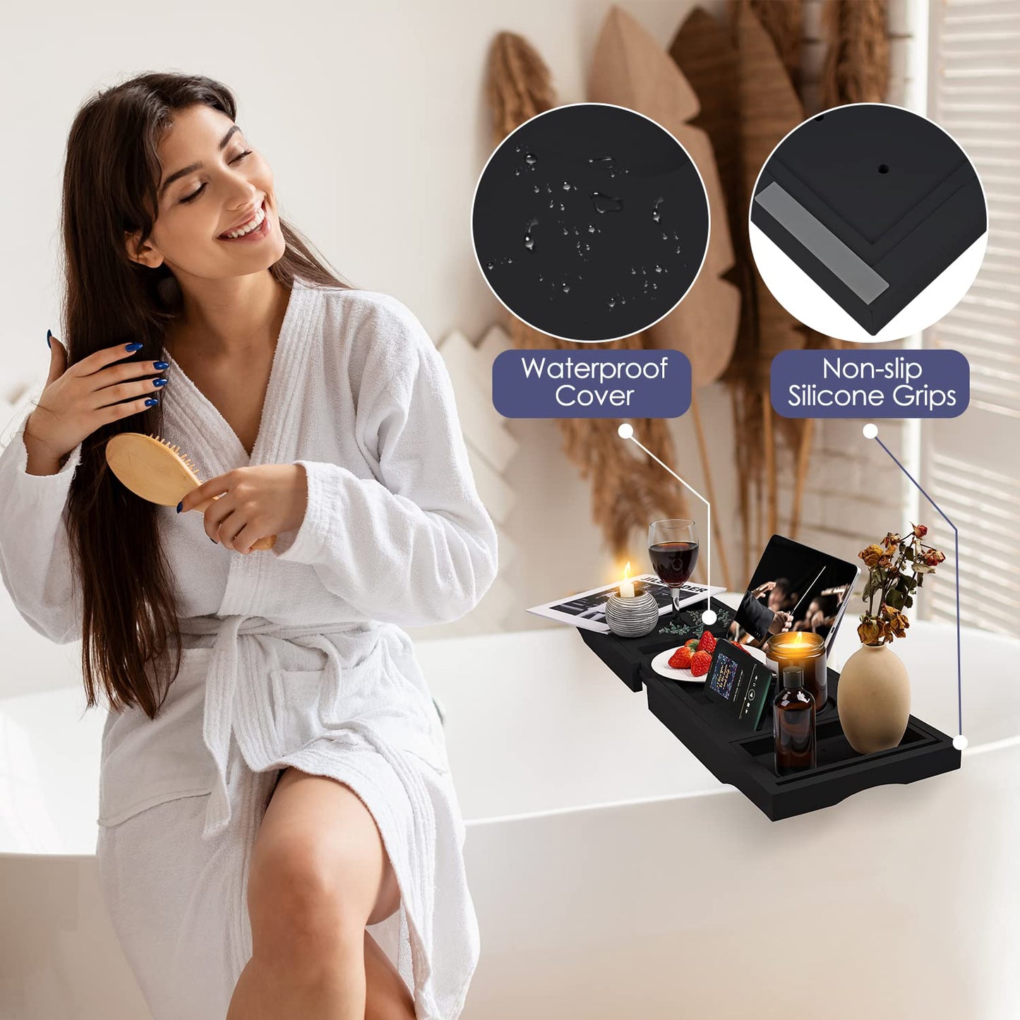 Foldable Bathtub Plate, Bamboo, Bath Shelf with Wine Glass Holder, Book Holder, Telephone, Tablet with Pull-Out Sides, Adjustable Soap Holder