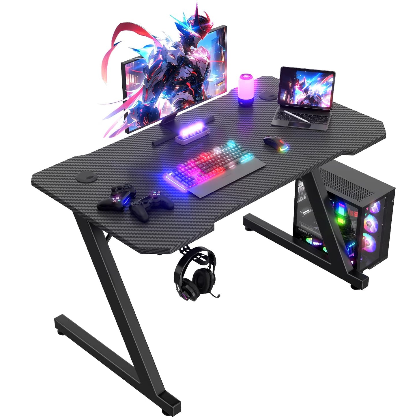 JUMMICO Gaming Desk 100 x 50 cm, Z Shaped Gaming Table Computer Desk PC Gamer Desk for Home Office, Gaming Desk with Headphone Hook, Black