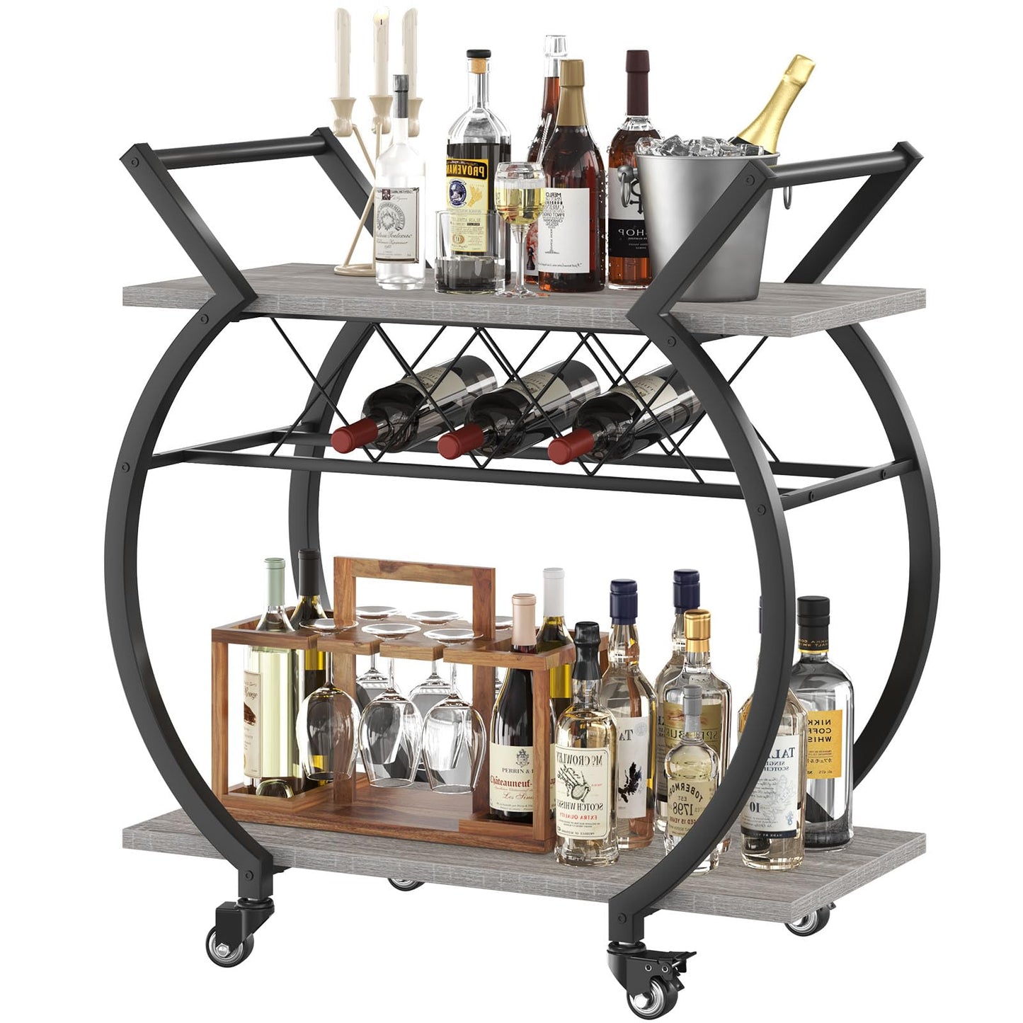 LVB Drinks Trolley on Wheels, Bar Cart with Wine Rack, Kitchen Coffee Cart, Industrial Wood and Metal Liquor Wine Cart for Home