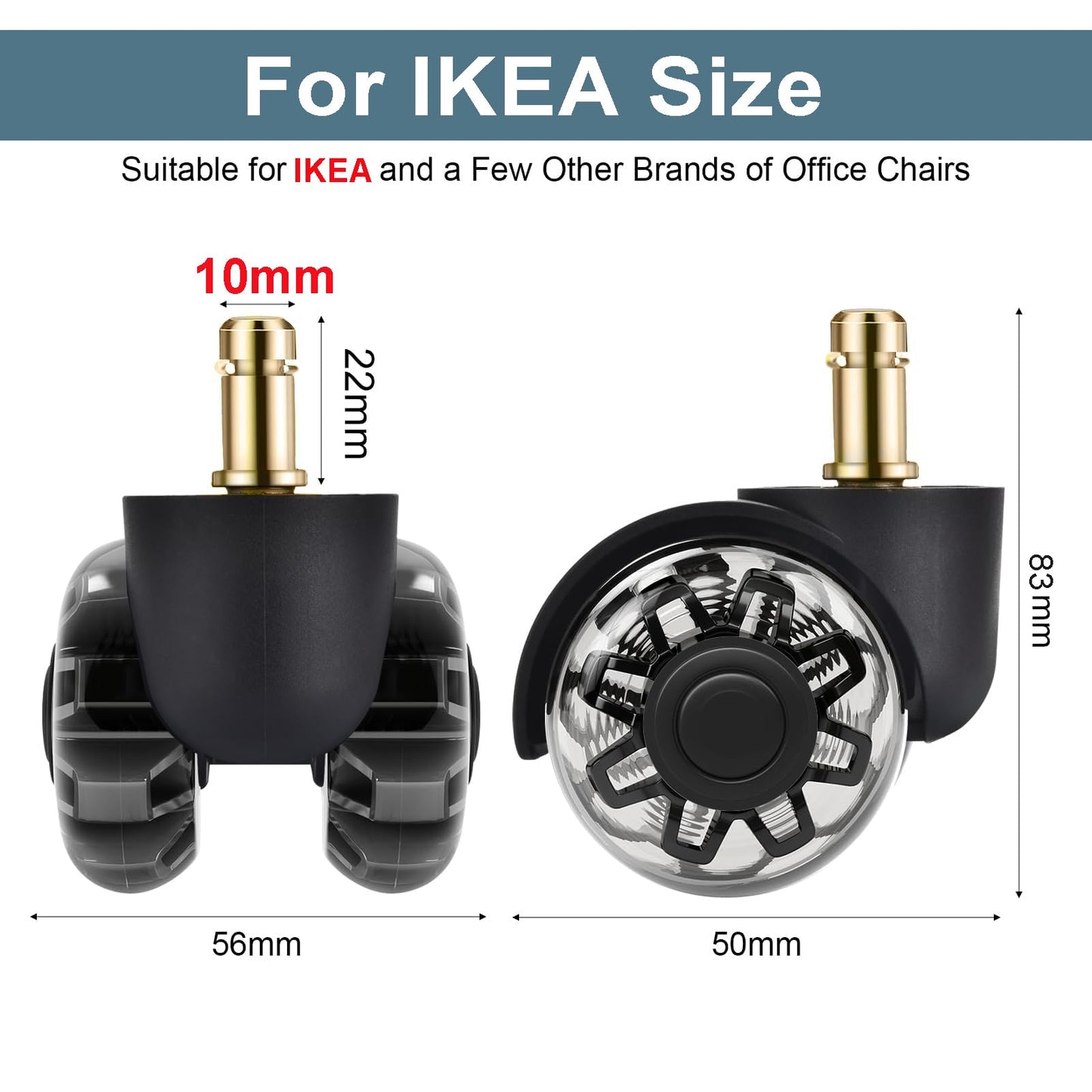 Office Chair Wheels 10 x 22 mm for 1KEA, Set of 5 Rubber Chair Castors for Gaming Chairs, Office Chair Wheels Replacement for Hard Floors, Parquet