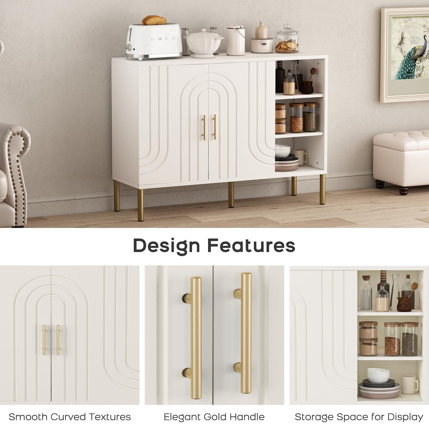 DAWNYIELD Sideboard with Curved Texture, Cream White, 110x35x82 cm