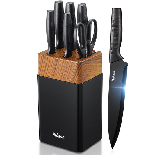 Yabano Knife Set, 7 Piece Kitchen Knives Set for Chef, Sharp Knife Set with Universal Plastic Knife Block, Anti-Rust Kitchen Knife Block Set with