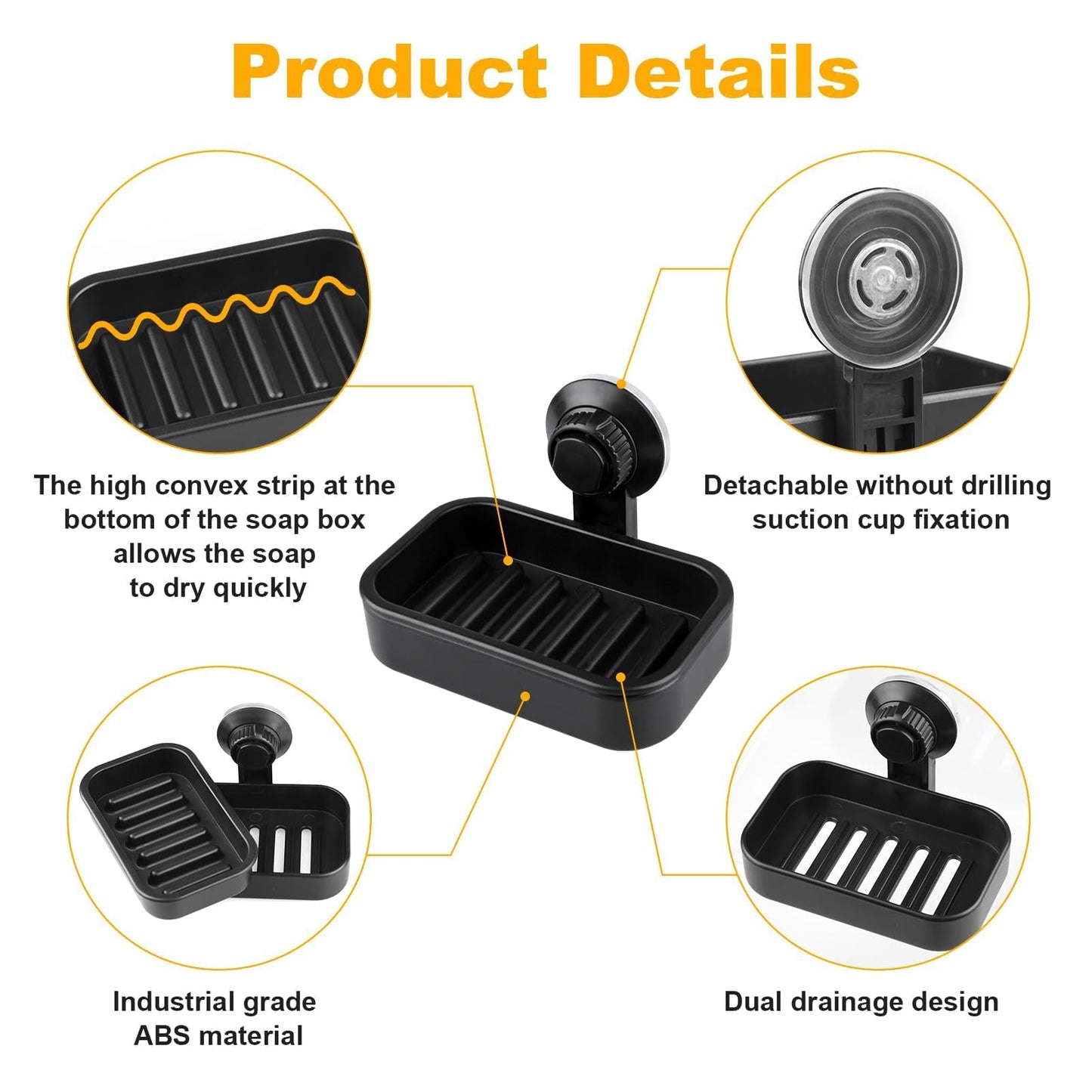 Soap Dish for Bathroom Suction Cup Soap Holder Max Hold 5KG, Black
