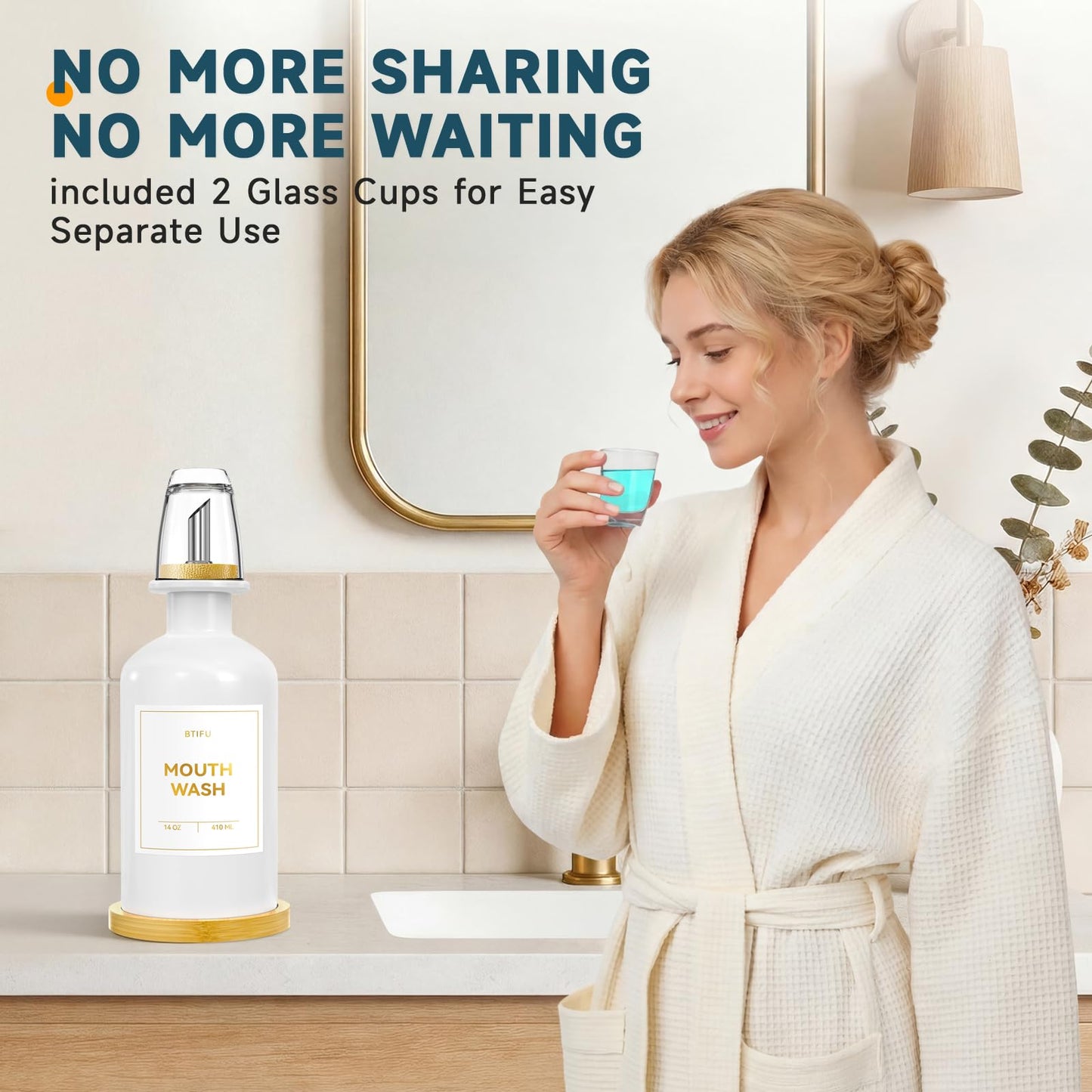 Glass Mouthwash Dispenser for Bathroom – 410ml Refillable Mouthwash Container with 2 Glass Cups & Bamboo Tray, Countertop Mouth Wash Dispensers