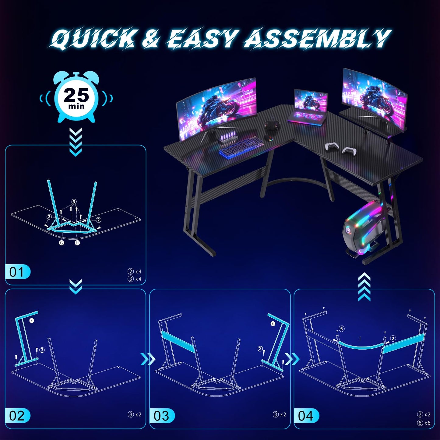 JUMMICO L Shaped Gaming Desk with Large Monitor Stand,120x120x75cm Corner Desk for Home Office Study Writing Workstation, Carbon Fibre Black