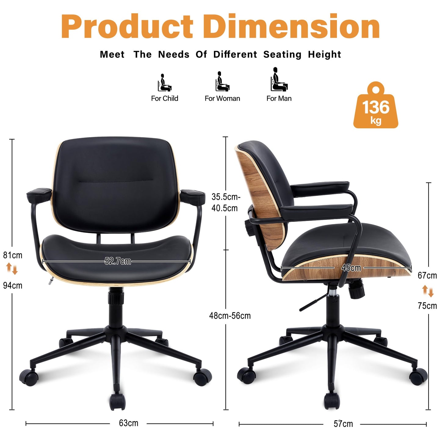 BERYTH Office Computer Desk Chair Mid Century Modern Office Chair Swivel Rolling Task Chair with Armrests and Walnut Back, Adjustable