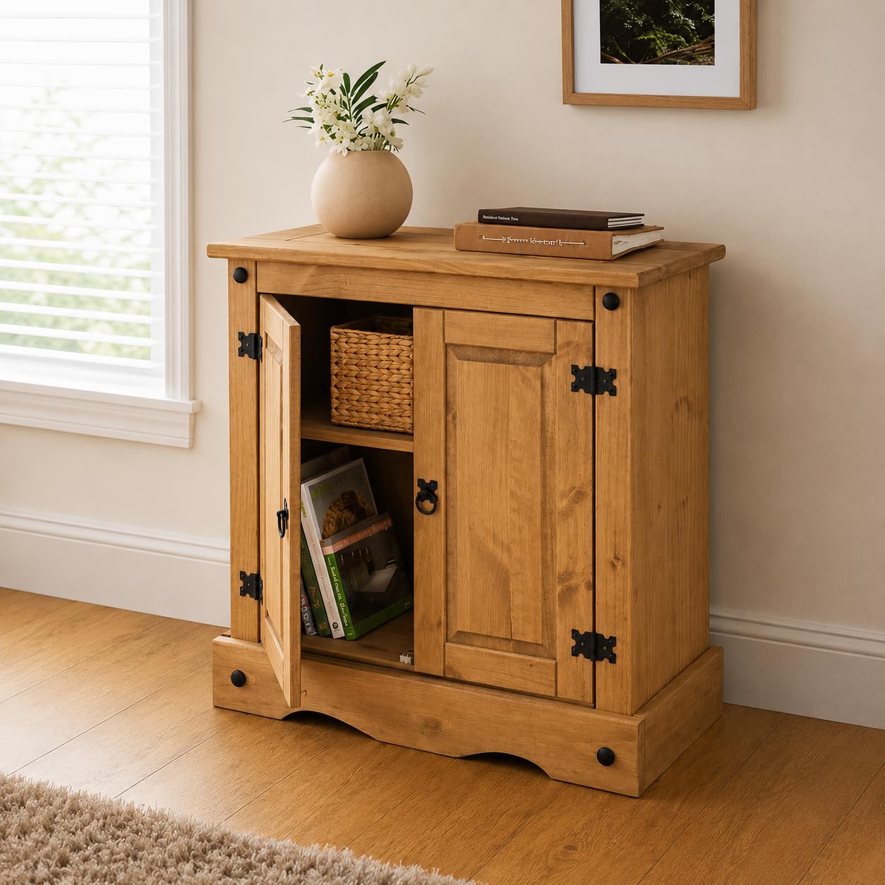 Corona Sideboard Cupboard 2 Door Solid Pine Wood with Wax Finish Mexican Style Black Metal Hardware Internal Shelf