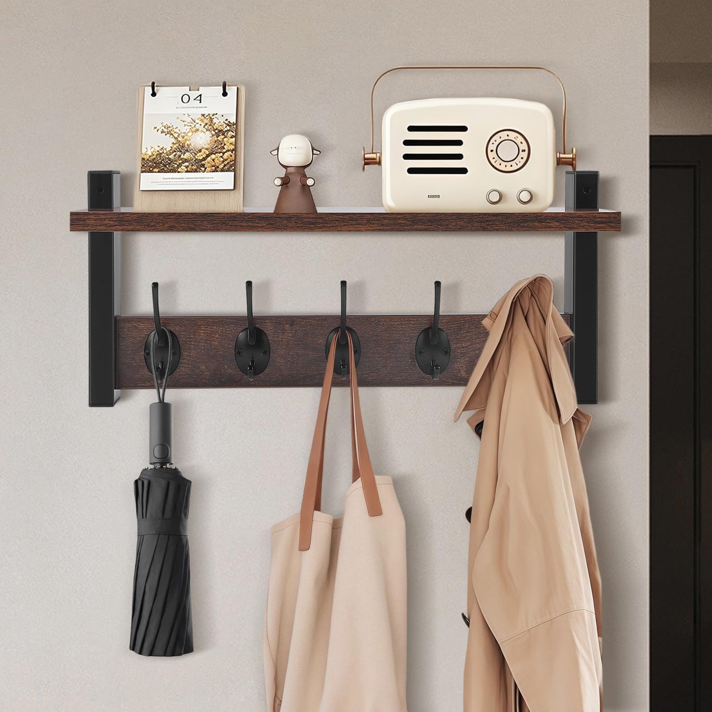 Coat Rack Wall Mounted - Coat Hooks Wall Mounted with 5 Coat Hooks Removable Floating Shelf for Kitchen, Bedroom, Bathroom, Rustic Brown