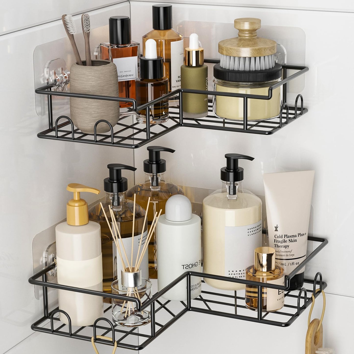 Diboniur Corner Shower Caddy 2 Pack, No Drilling, 8 Hooks, Black