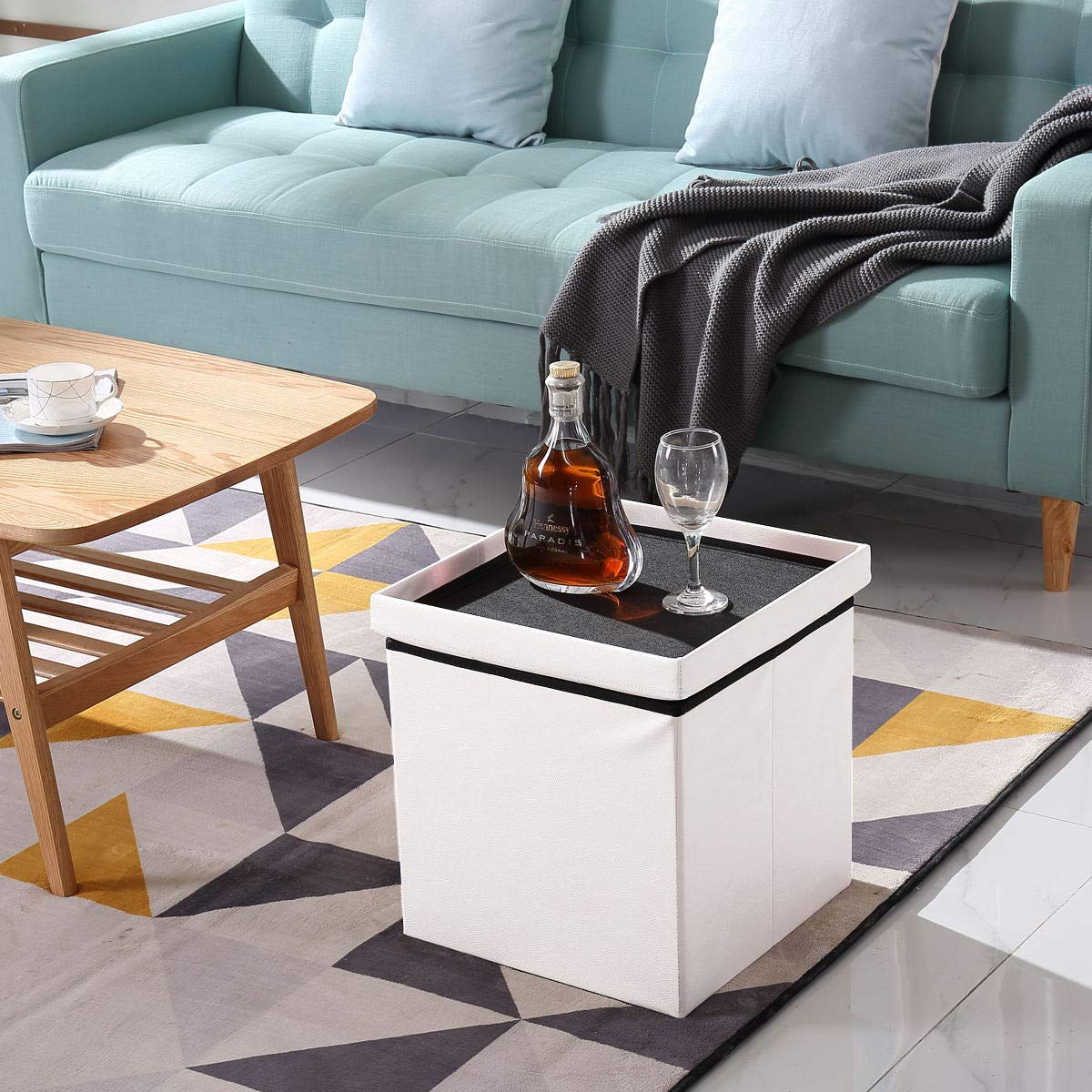BRIAN & DANY Folding Ottoman Storage Box with Lid, Faux Leather Footstool Toy Storage Box Storage Seat 38 x 38 x 38 cm (White)