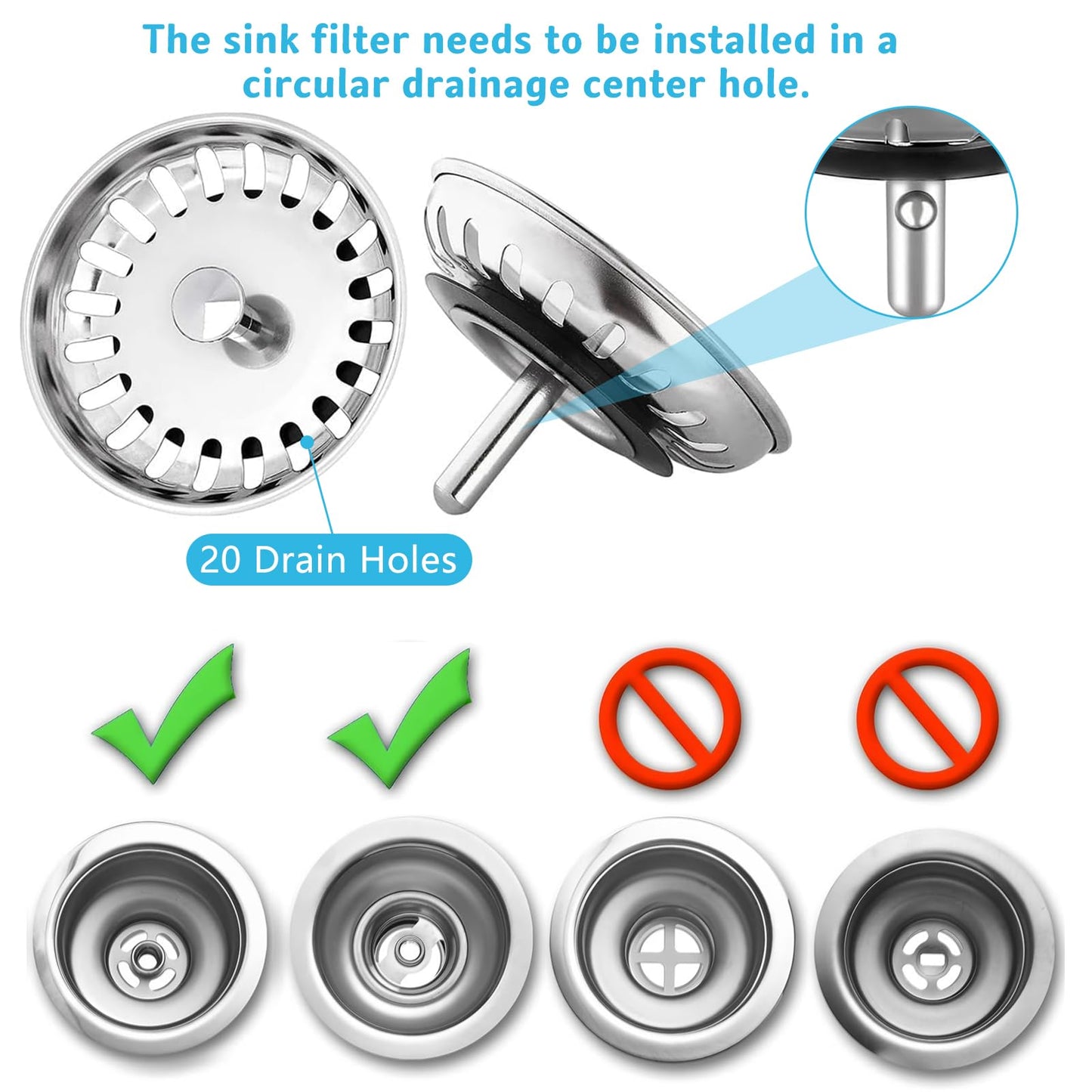 2 Pack Kitchen Sink Strainer, Stainless Steel Sink Plug Replacement, Sink Drain Stopper 3.15 Inch, Hole Diameter 80mm