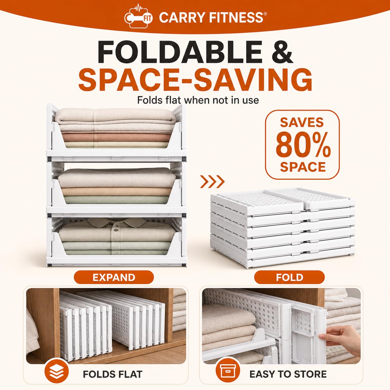 Carry Fitness 4 Pack Foldable Wardrobe Storage Organiser | Space Saving Foldable Drawer For Bedroom, Kitchen & Office