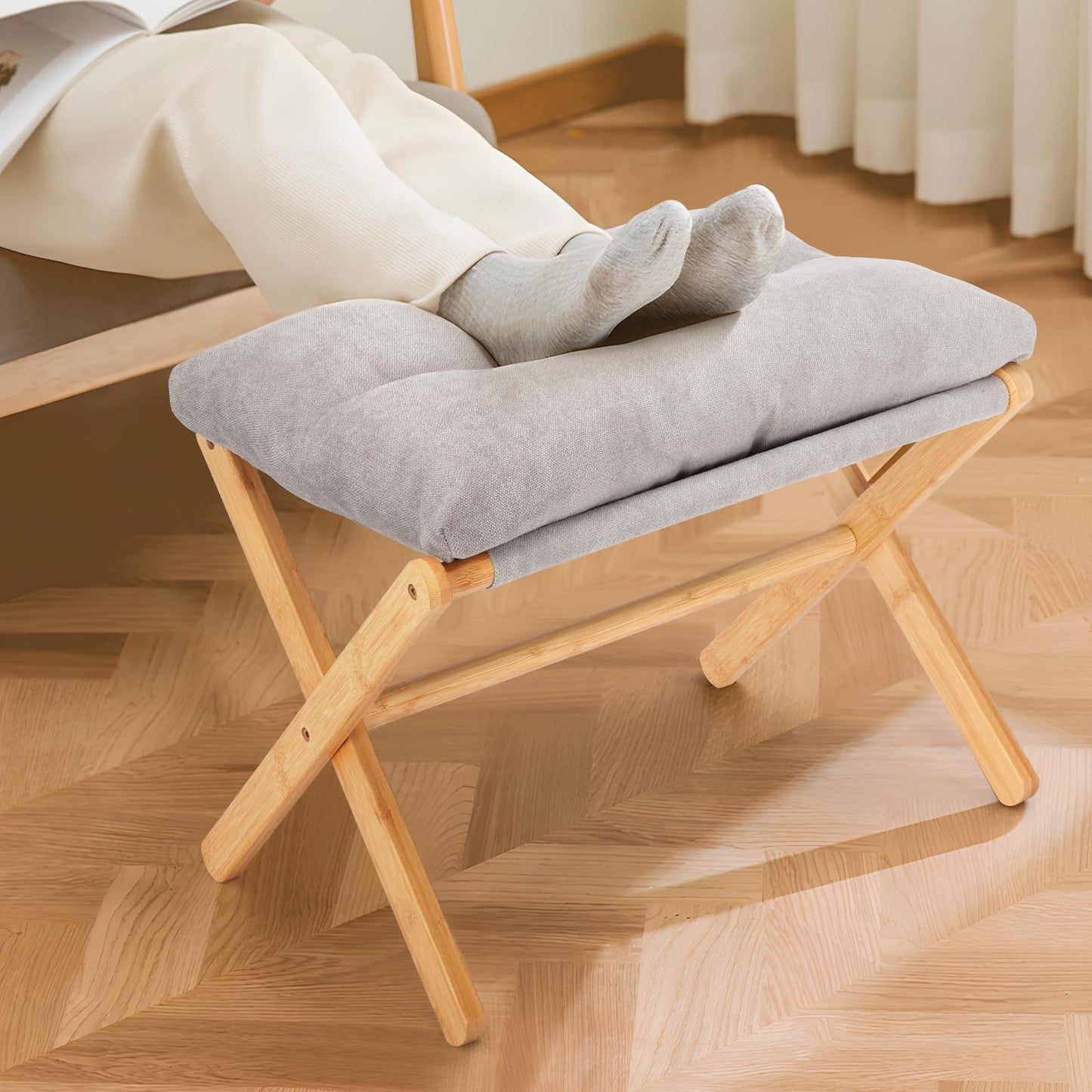 Nisorpa Foldable Foot Rest Stool Folding Footrest for Sofa Ottomans, Bamboo Footrest Soft Padded Cushioned Foot Ottoman Portable Leg Rest for Sofa