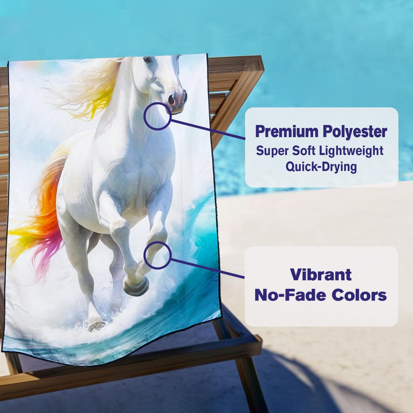 Violetpos Rainbow Mane White Horse Beach Towel, Extra Large 180x90 cm 250GSM Microfibre, Sand Free Quick Dry