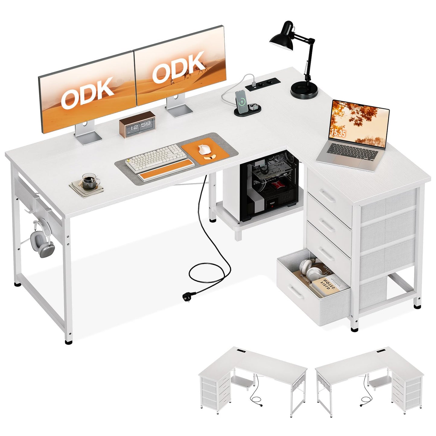 ODK Corner Desk with Drawers, 135 × 100 cm, L-Shaped Desk, White