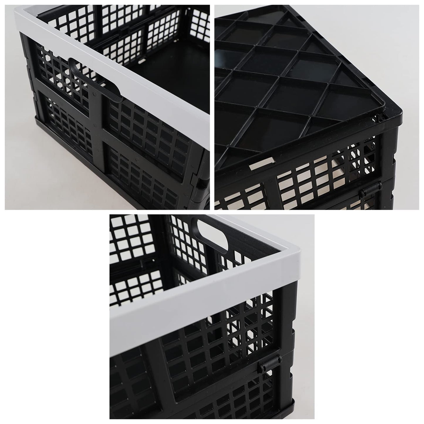 Ikando 3 Packs 30 L Black Foldable Crate, Plastic Collapsible Storage Box