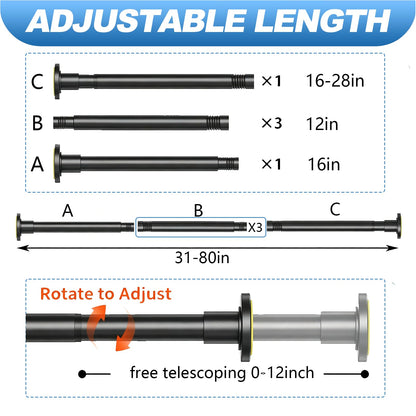 CorkLatta Black Shower Curtain Rod 31 to 80 Inch,1 Inch Diameter Adjustable Spring Tension Stainless Steel Telescoping Rod,Easy Install,No Rust