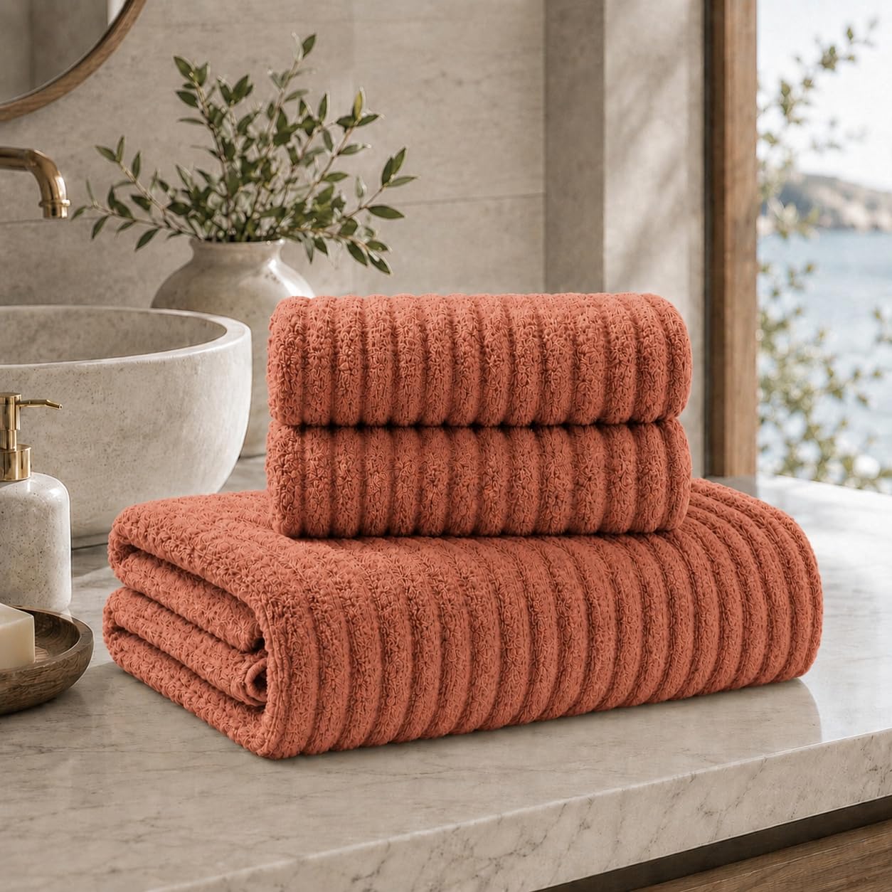 B O S A L O N I Coral Fleece Bath Towel Set 3 Piece Striped - Ribbed Effect - 1 Bath Sheet 70 x 140 cm + 2 Hand Towels 34 x 74 cm