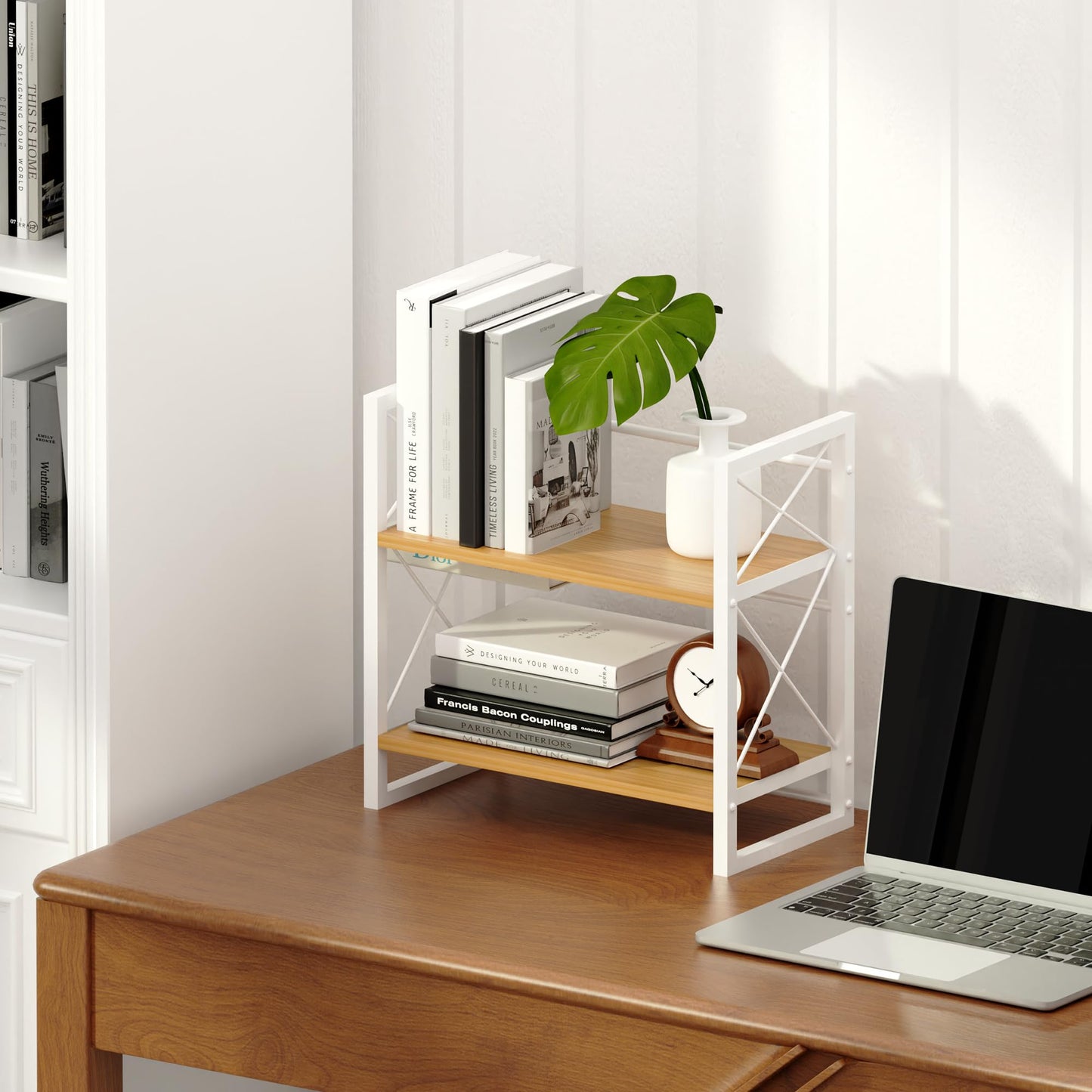 Alytree Desk Shelf Organizer, Wood Desktop Bookshelf Supplies Storage Rack, Shelf for Living Room, Bedroom, Kitchen and Office, White