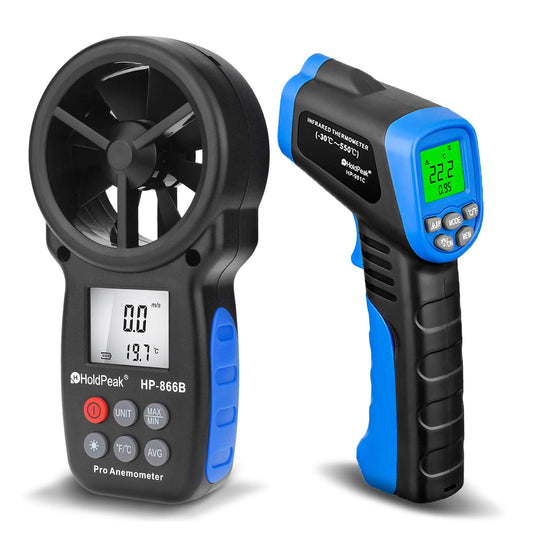 H HOLDPEAK Handheld Anemometer, Digital Wind Speed Meter for Air Velocity, Digital Laser Infrared Thermometer -50 to 550? with Adjustable Emissivity,