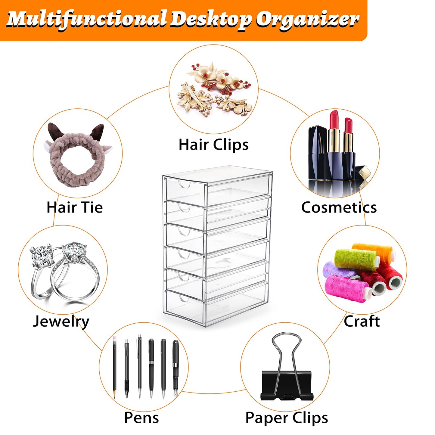 SUMTree Clear Hair Accessory Organizer Box with 6 Drawers, 25*17.5*10.4cm