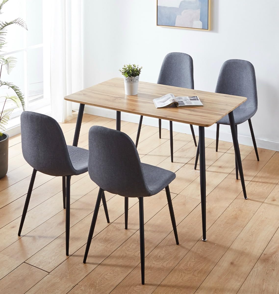 Hallowood Furniture Cullompton Small Dining Table and Chairs Set 4, Oak Effect Top Kitchen Table and Chairs in Dark Grey Fabric Upholstery and Metal