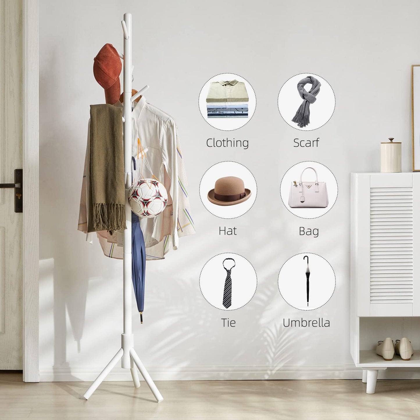 Aibiju Coat Rack Free Standing, Coat Tree With 8 Hooks and 3 Height Options, Wood Coat Hanger Stand, Suit for Adults,Kids, Home/Entryway/Hallway