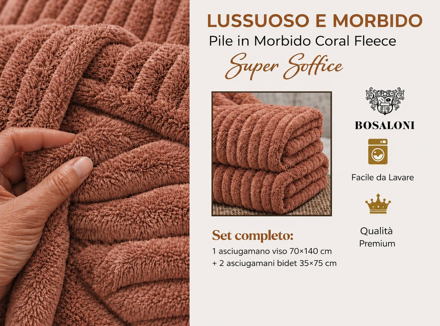B O S A L O N I Coral Fleece Bath Towel Set 3 Piece Striped - Ribbed Effect - 1 Bath Sheet 70 x 140 cm + 2 Hand Towels 34 x 74 cm
