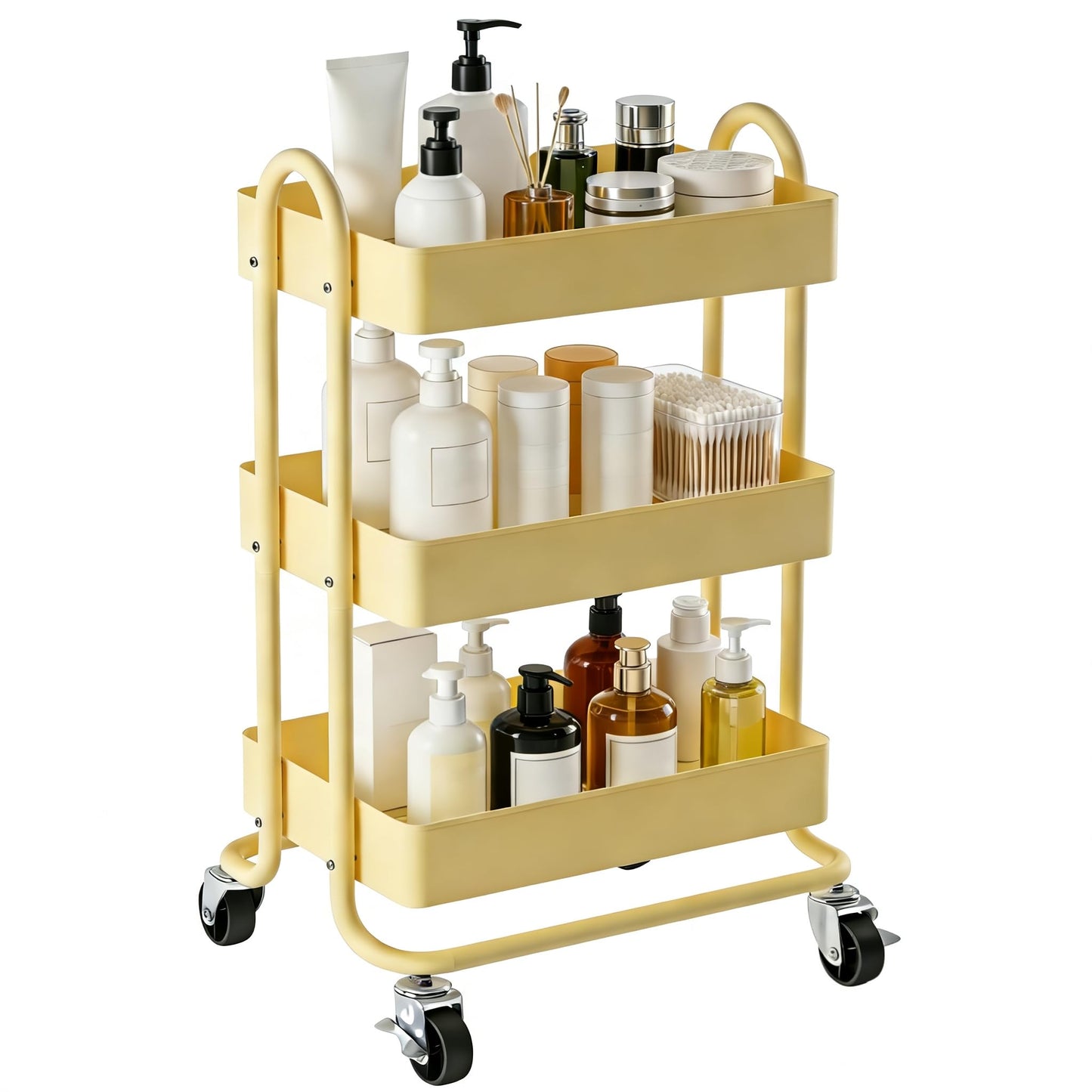 Mordchil EU 3 Tier Metal Utility Cart with Lockable Wheels for Storage, Rolling Utility Trolley Storage Cart for Home & Office, Khaki