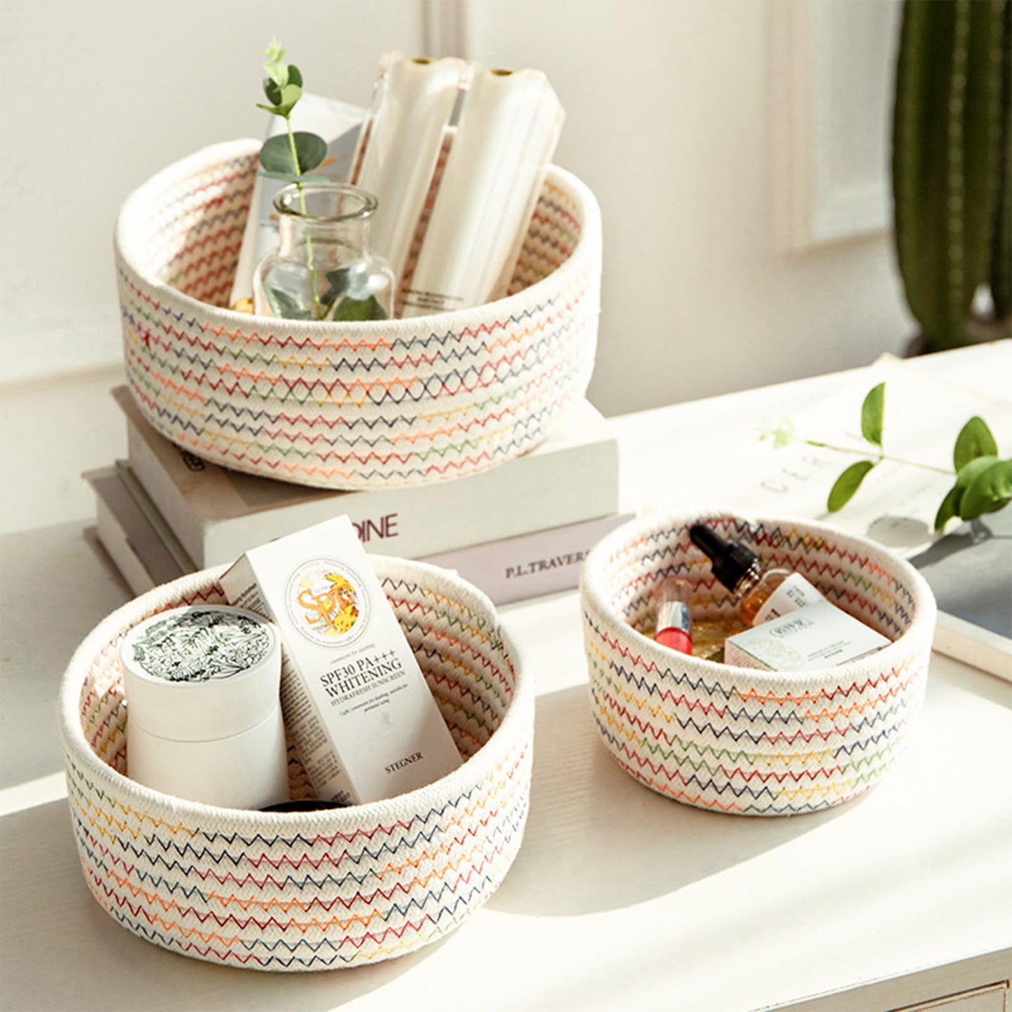 Lxoraziy Shelf Storage Baskets, Pack of 3 Cotton Rope Woven Bathroom Storage Basket, Stackable Set For Living Room, Bedroom, Office