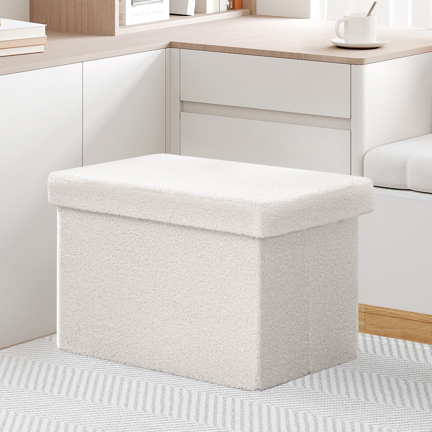 Bonlife Boucle Ottoman Seat with Storage,Folding Small Footstool for Living Room,Cube Toy Chest Box,Foot Rest,Cream,42x32x32cm