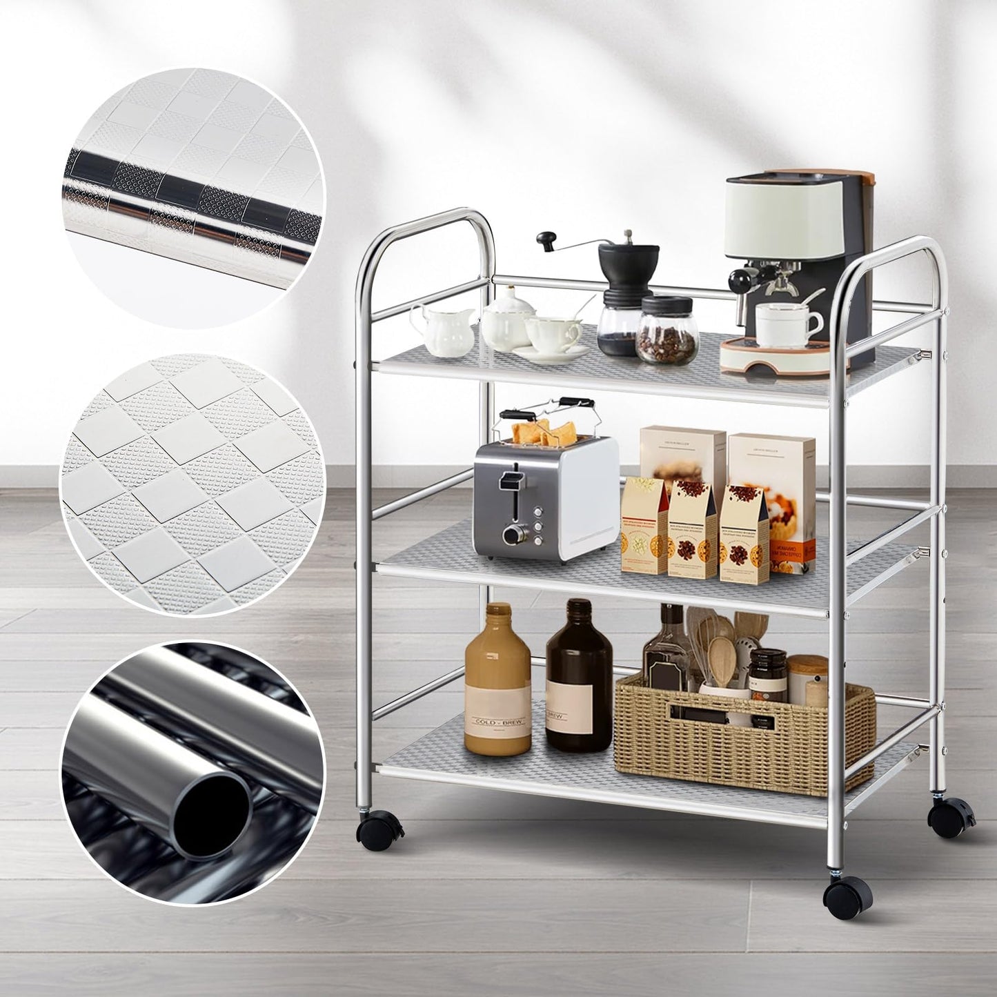 TUKAILAi 3 Tier Stainless Steel Utility Cart with Locking Wheels 35x60x75cm
