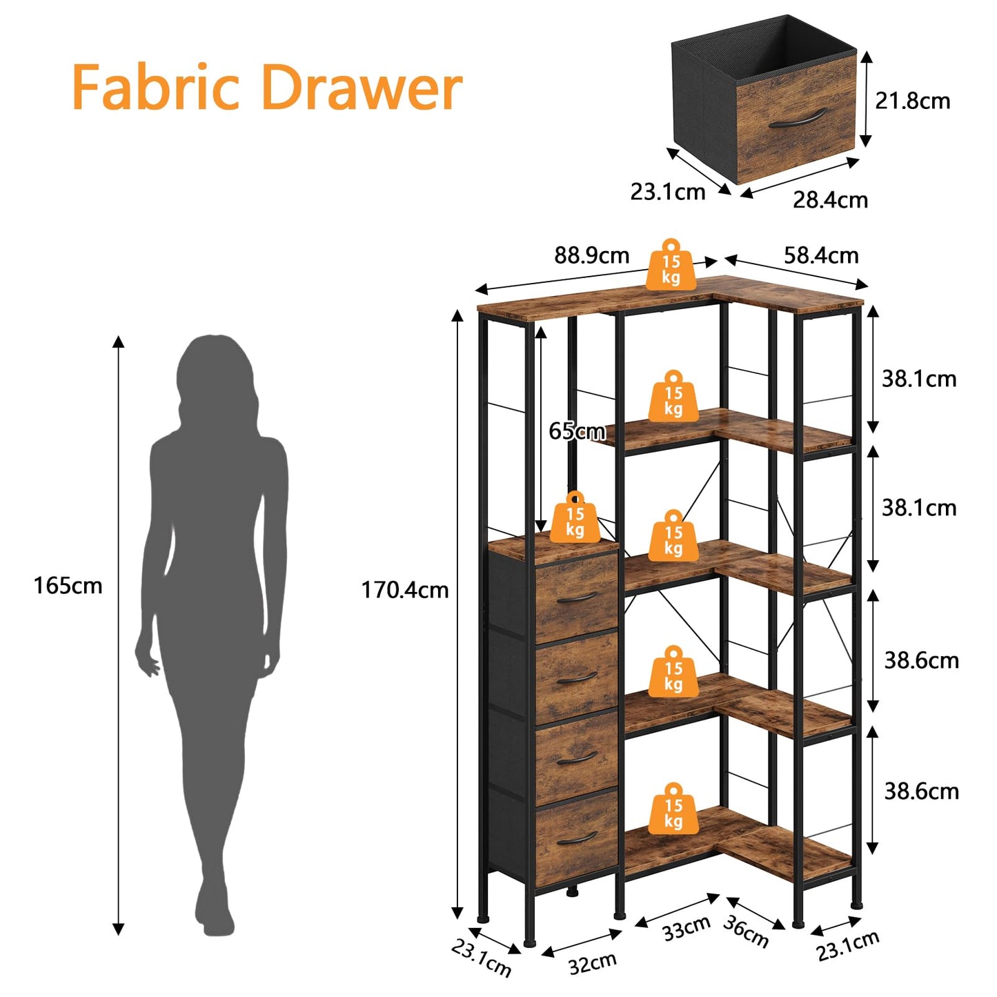 Corner Bookshelf Unit with 4 Fabric Drawers & LED Light, 5-Tier, Rustic