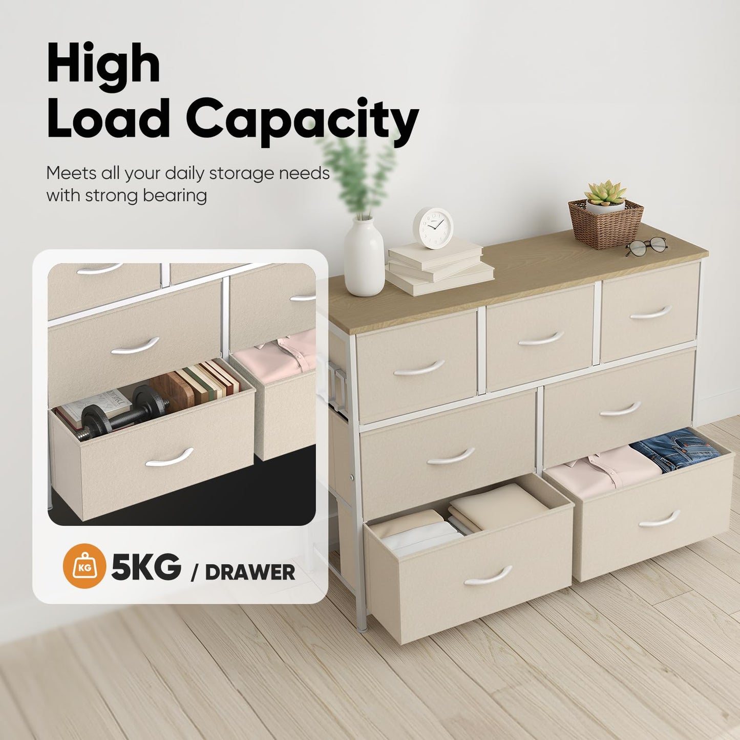 MAXLEAD Fabric Chest of Drawer with 7 Drawers, Home Storage Cabinet with Metal Frame & Wood Top, Large Capacity Dresser for Bedroom, Living Room