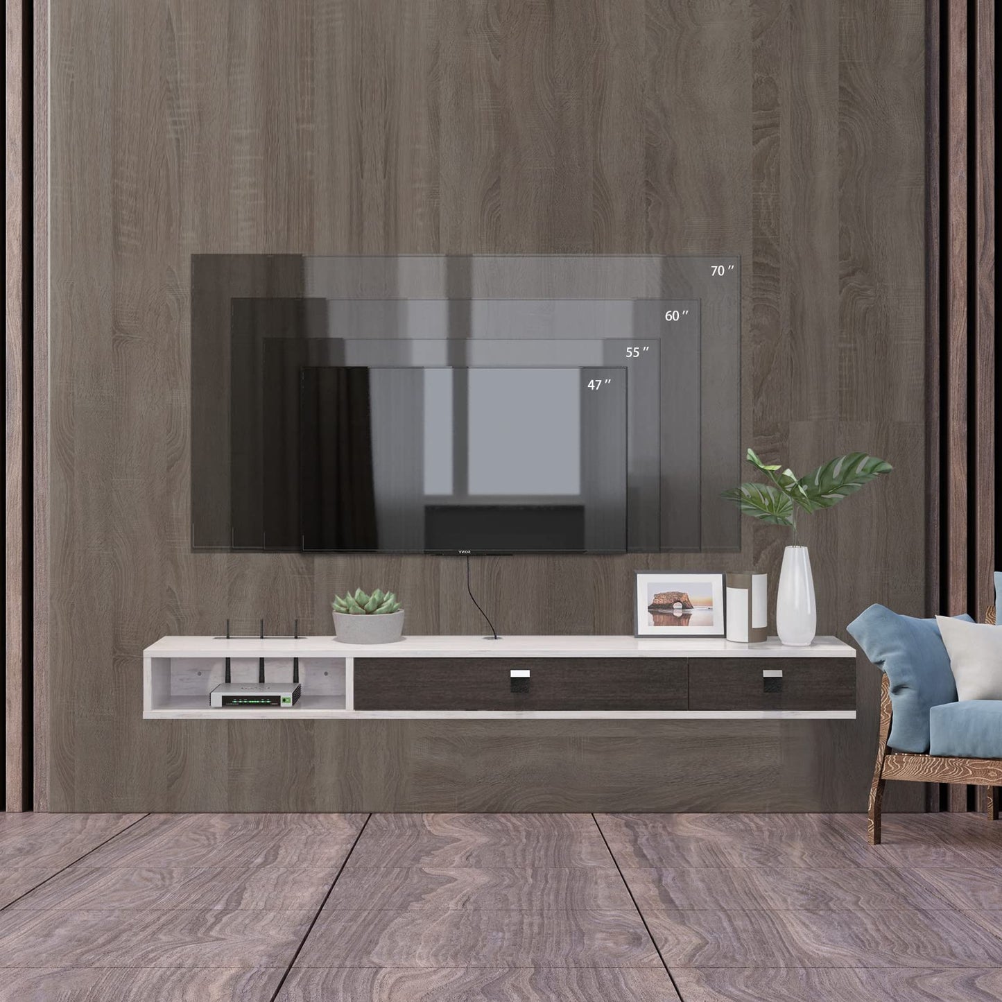 Pmnianhua Floating TV Unit, 47'' Wall Mounted TV Cabinet, Floating Shelves with 2 Doors
