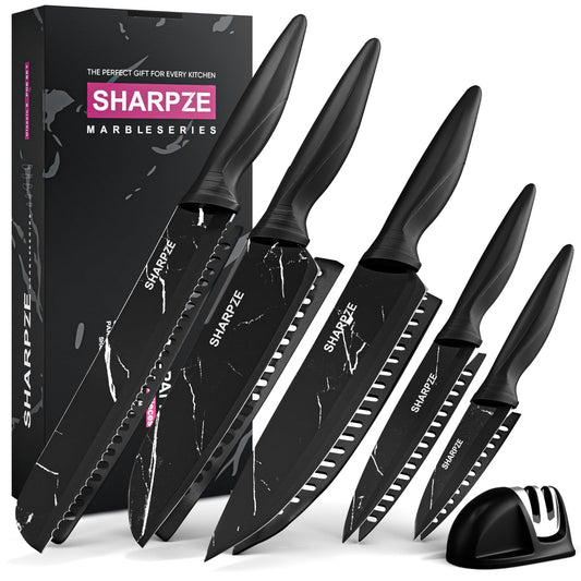 SHARPZE Kitchen Knife Set of 11 | Ultra Sharp Stainless Steel Blade | Kitchen Knives Set with Sharpener & Knives Sheath | Chef's Kitchen Knife Set