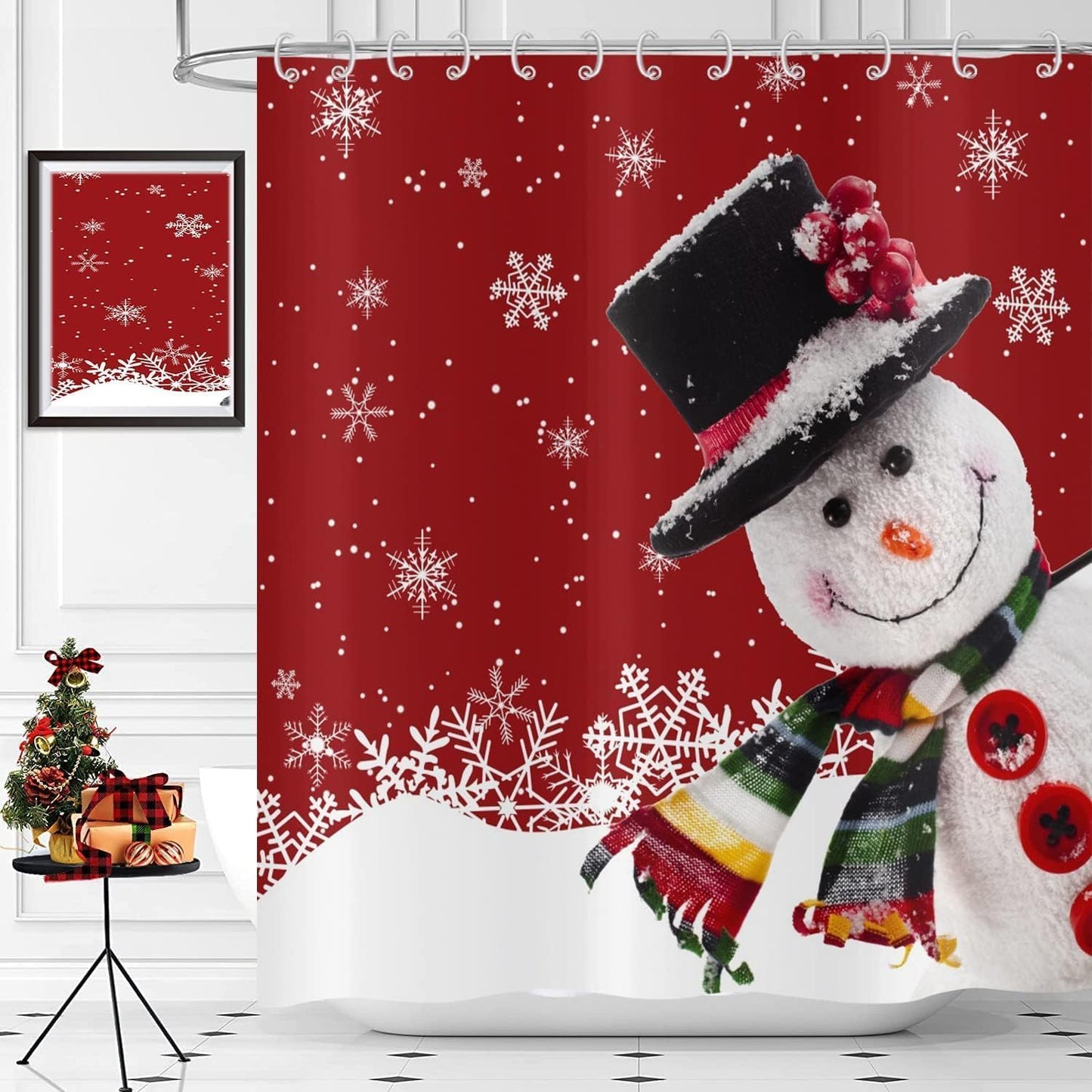 GCIREC Christmas Snowman Shower Curtain, Red Funny Christmas Snowman White Snowflake New Year Winter Bathroom Curtain Home Xmas Decor Waterproof