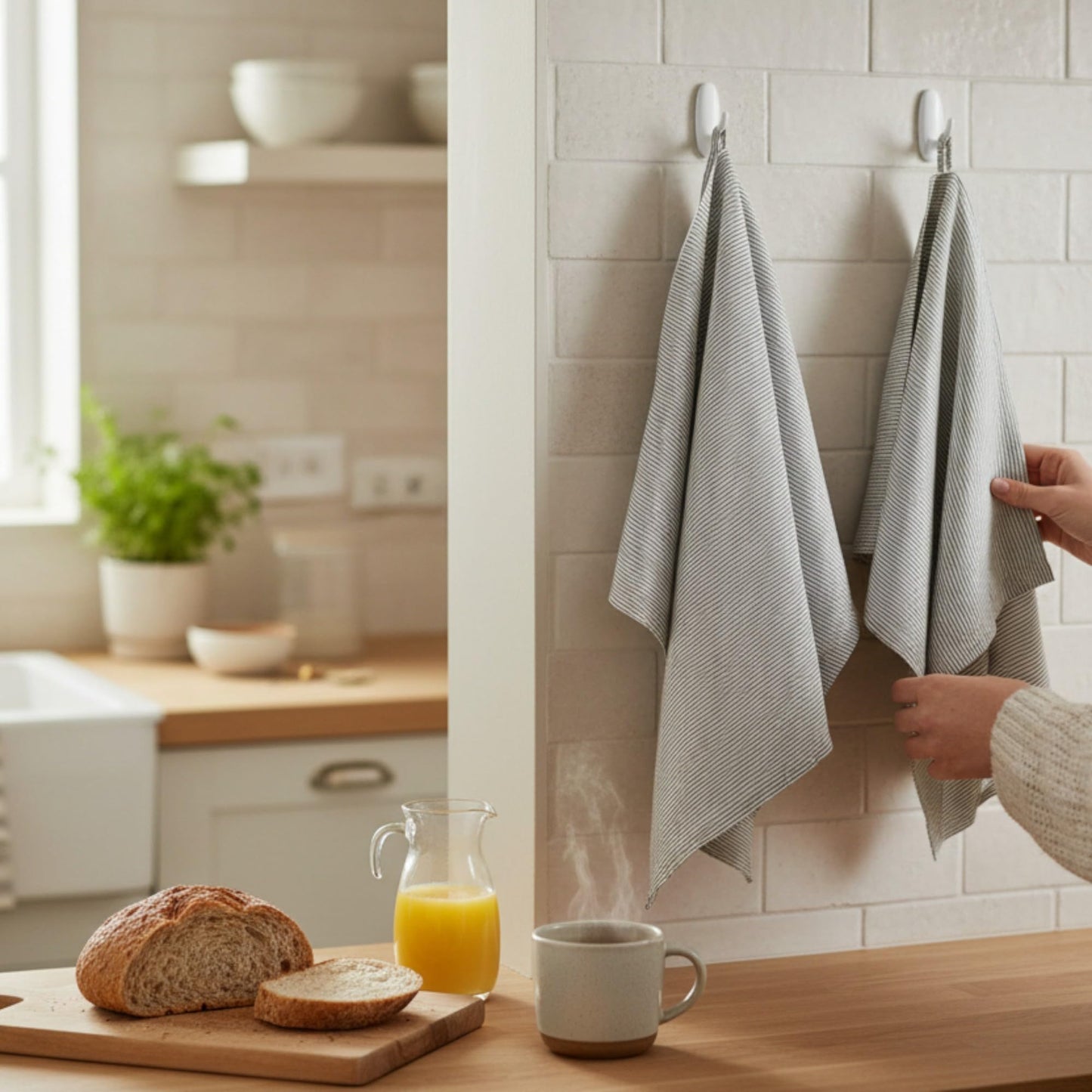 Eight Owls Stonewashed Linen Kitchen Dish Towels – 50 x 68 cm – 100% Pure Linen Tea Towel/Hand Towel - set of 2 (Black Pinstripe)