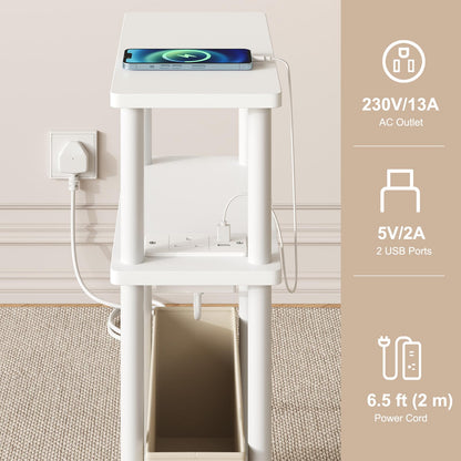 APICIZON Narrow Side Table, 3 Tier Bed Side Table, Slim End Table with Charging Station, for Living Room, Bedroom