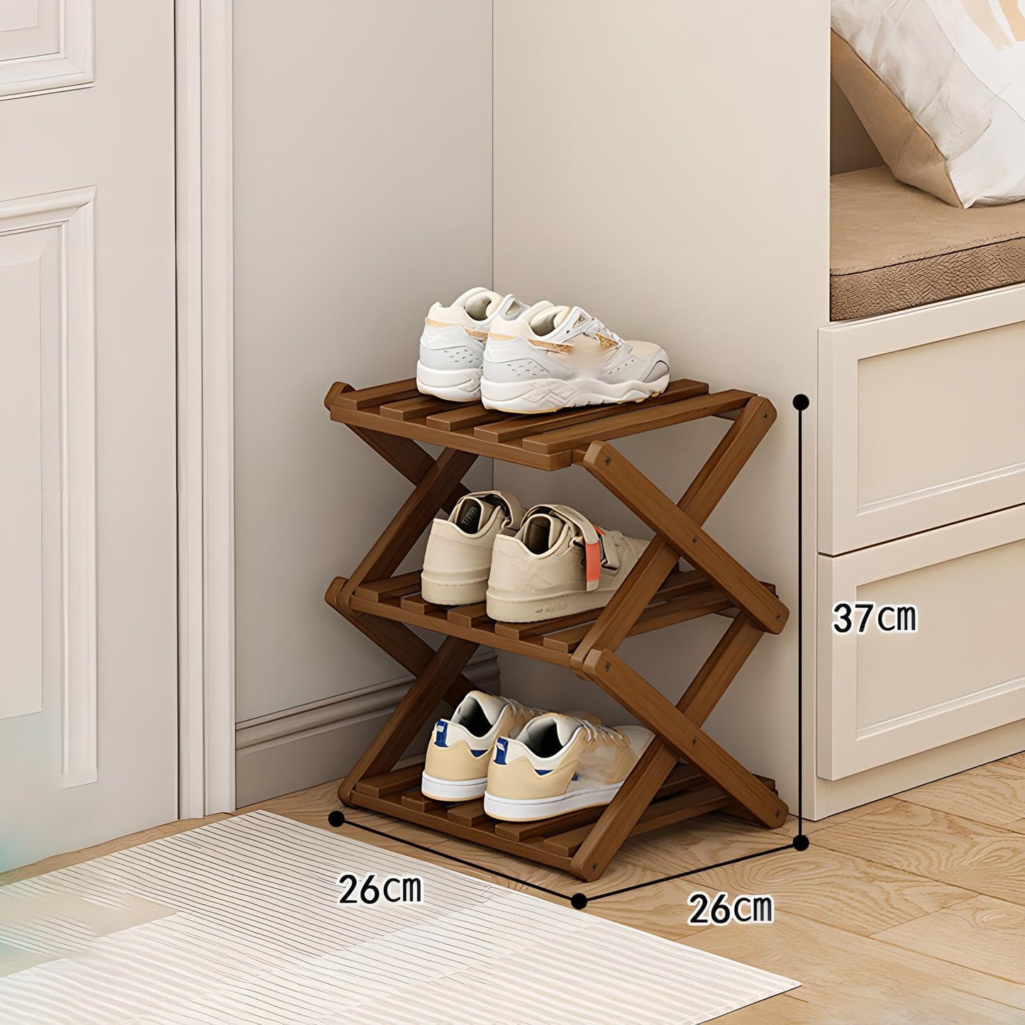 Kiss Me Bamboo Folding 3-Tier Narrow Shoe Rack No Installation Indoor Brown