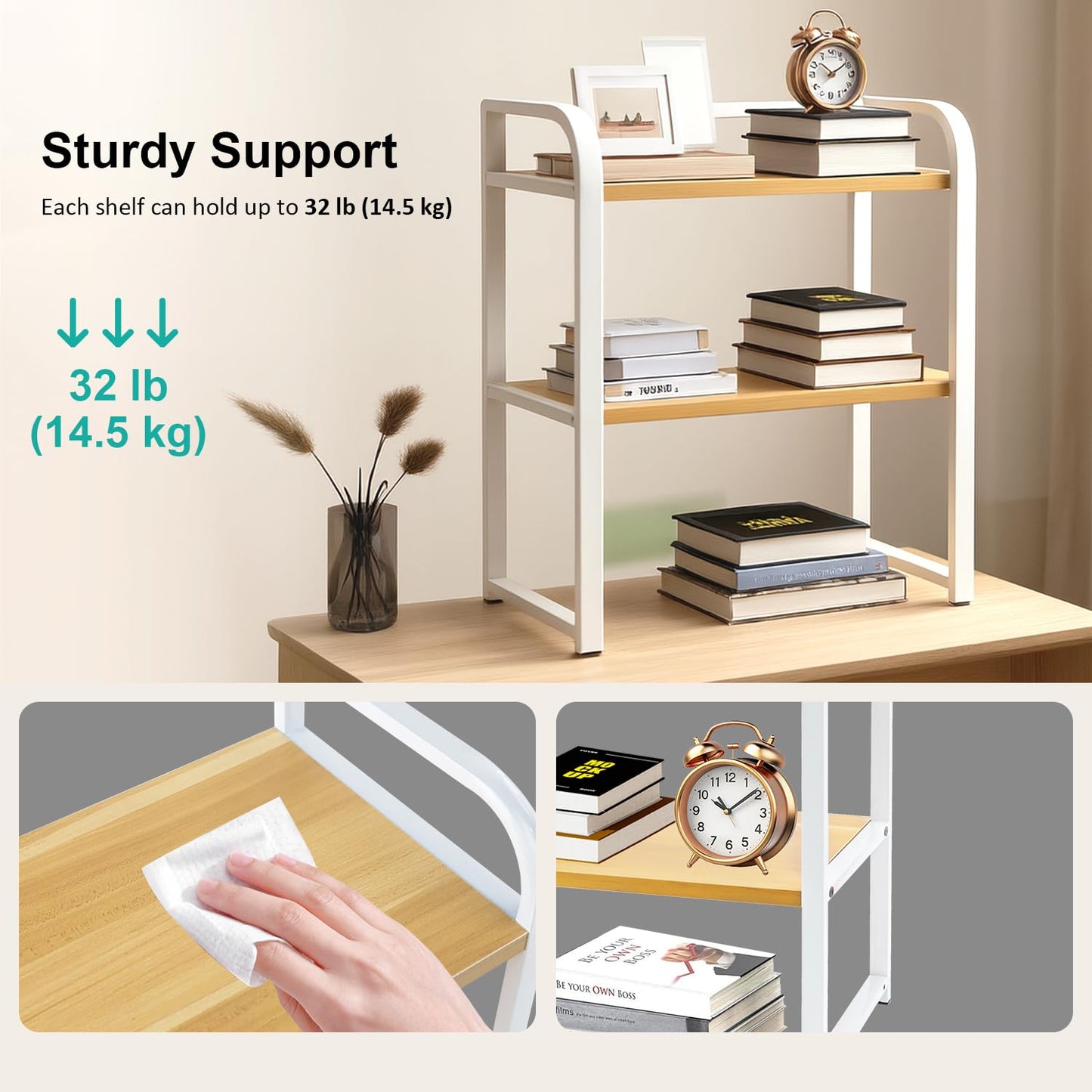 LEDSUUEI Storage Rack with Hooks, Desktop Storage Rack, Bamboo Frame, for Kitchens, Dining Rooms, Offices, Rustic Brown and white 001