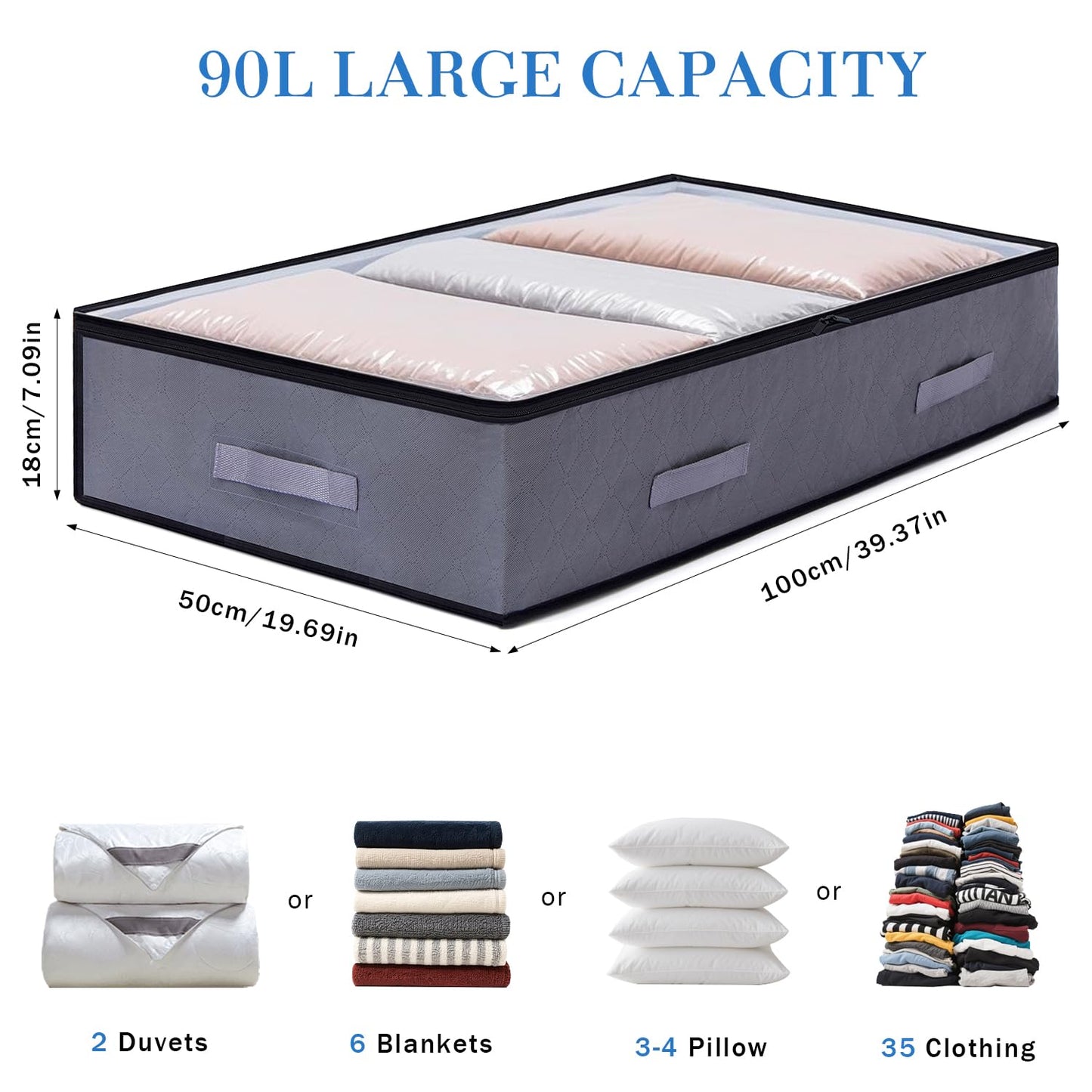 JAECU 2pcs 90L Under Bed Storage Bags Foldable Clothing Storage Containers