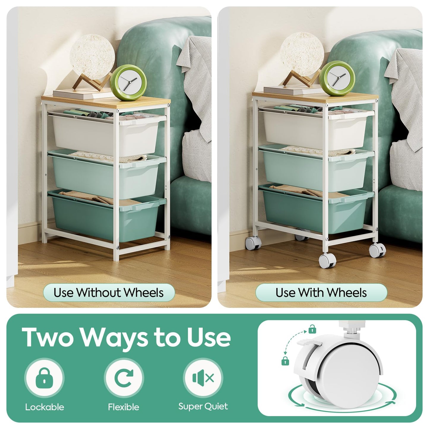 KINGBOARD 4 Drawers Storage Trolley on Wheels, Green