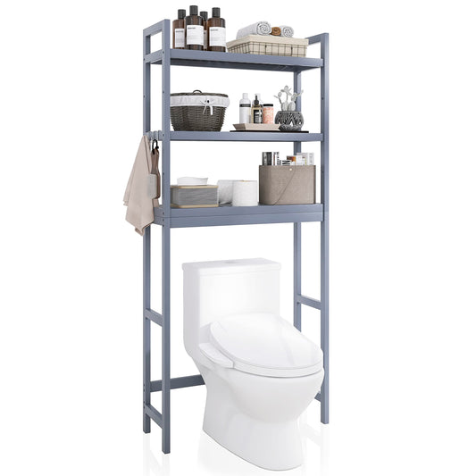 SMIBUY Bathroom Storage Shelf, Bamboo Over-The-Toilet Organizer Rack, Freestanding Toilet Space Saver with 3-Tier Adjustable Shelves (Grey)