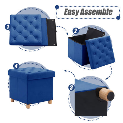 BRIAN & DANY Folding Storage Ottoman with Wood Legs, Velvet Footstools Cube for Living Room and Bedroom, 40x 40x 40 cm, Blue