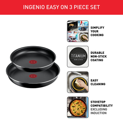 Tefal Ingenio Easy ON 3 Piece Non-Stick Pan Set, 24&28 cm Frying Pans, Bakelite Handle, Easy Cleaning, Heat Indicator, Non-Induction Black, L1599302