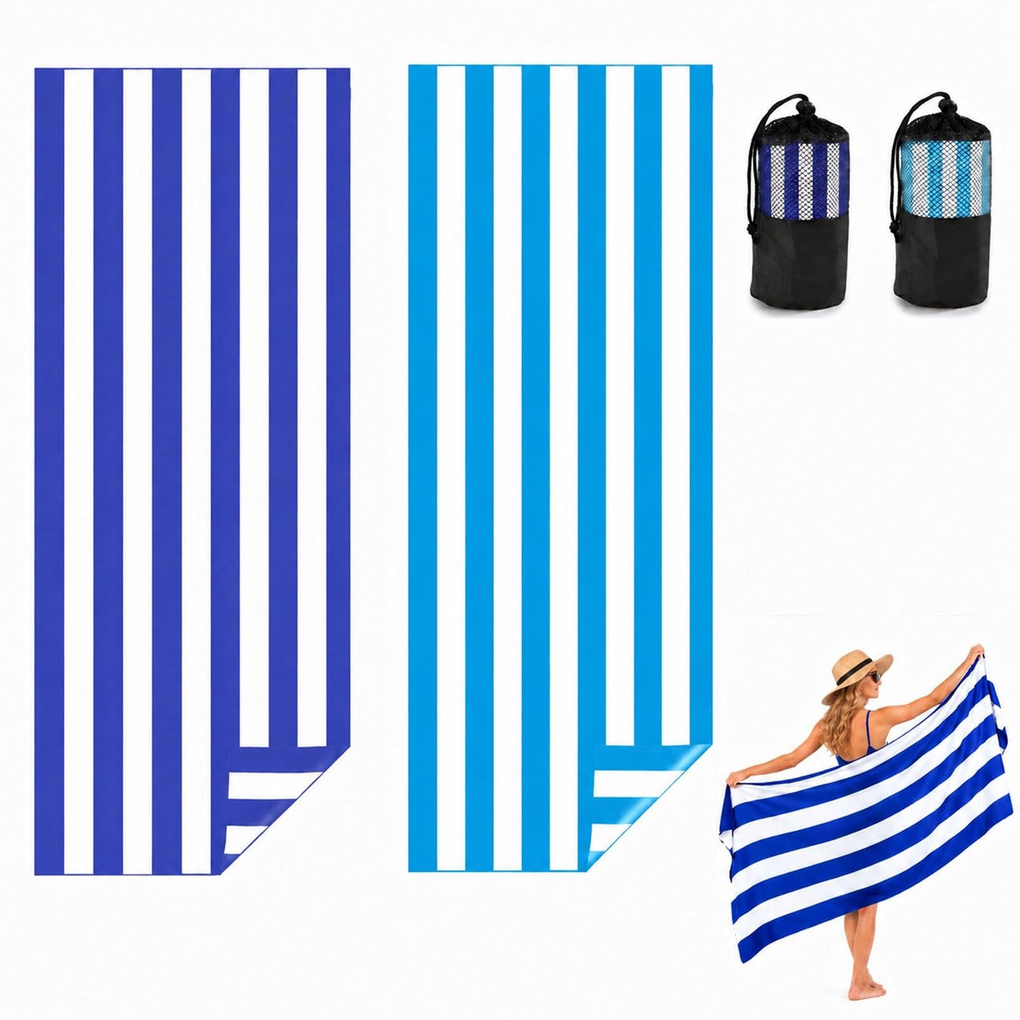 Admygo Microfibre Beach Towels for Adults - 2 Pack 180 x 90 cm Extra Large Beach Towels with Drawstring Bags