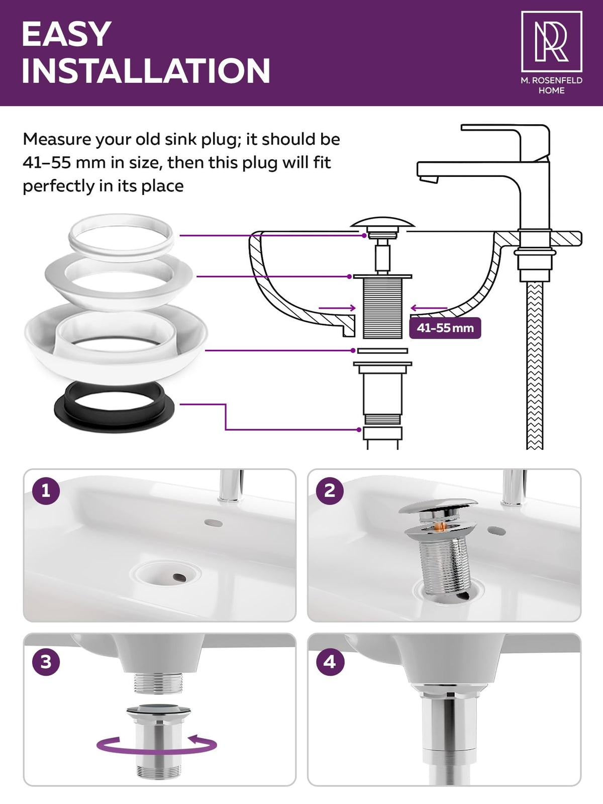M. ROSENFELD HOME Click Clack Basin Waste Kit without Overflow 1 1/4" Universal Chrome Bathroom Sink Waste Kit Pop Up
